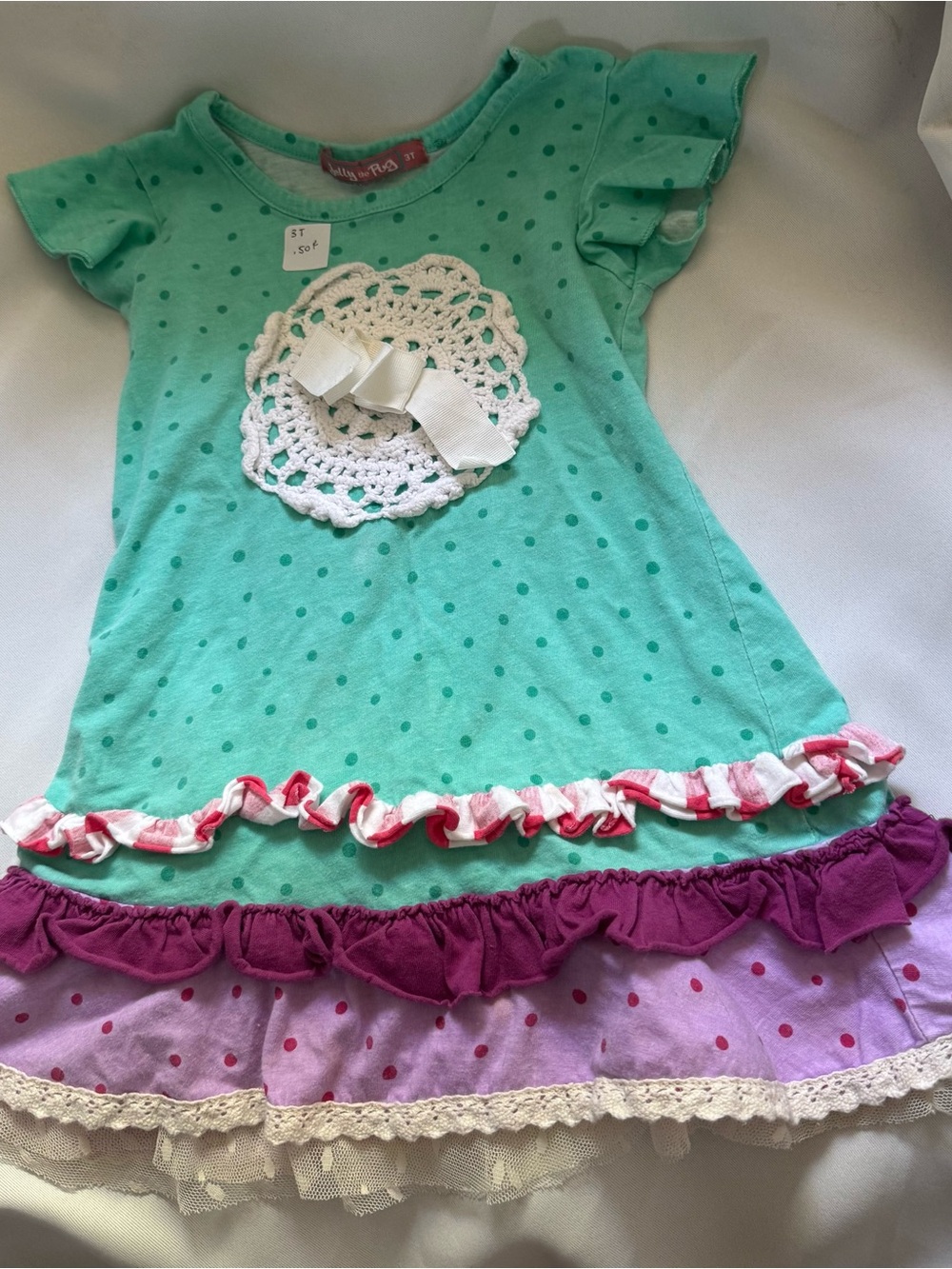 Jelly the Pug Girls Mint Green Polka Dot Ruffle Crochet Dress - Size 3T